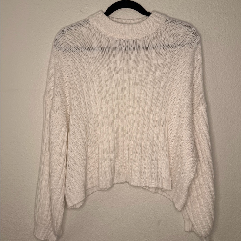Princess Polly Balloon Sleeve Mock Neck Ribbed White Sweater